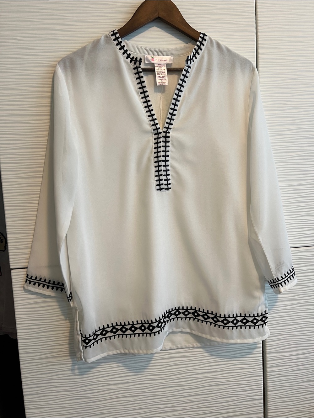 Women's White Tunic with Black Embroidered Trim